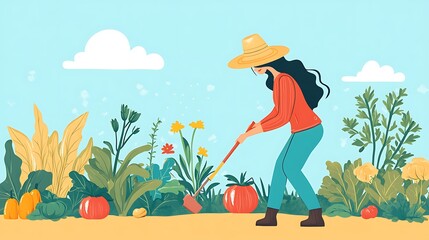 Woman Gardener Tending Her Vibrant Vegetable Garden