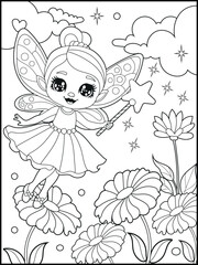 Fototapeta premium Black and white fairy coloring pages for kids. Children's coloring books with cute cartoon fairy characters, fun and educational materials for kindergarten. 