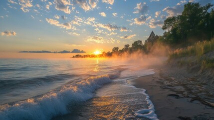 Golden sunrise illuminates a foggy beach with gentle waves rolling in. Creating a serene and magical atmosphere as the sun's rays pierce through the mist. Highlighting the beauty of nature's elements