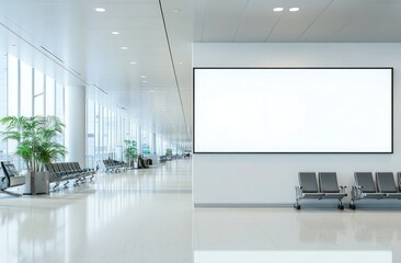 A mockup of an empty white wall in the airport, a horizontal billboard of size 30 x 65 inches, with bright lights, a clean and modern look