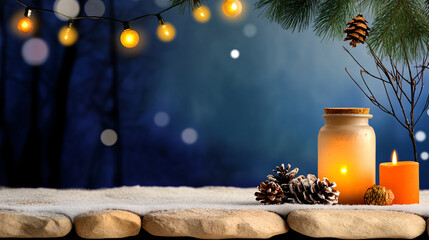 Cozy Christmas scene with warm candlelight, pinecones, and snow. inviting atmosphere is enhanced by glowing lights and serene winter background