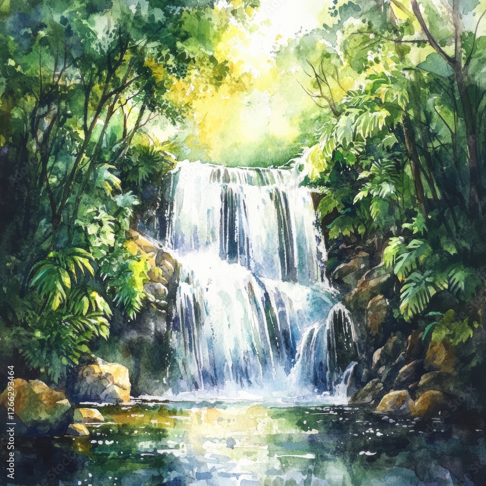 Leinwandbilder waterfall cascading into a serene pool surrounded by lush greenery in a vibrant forest setting durin