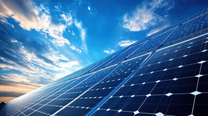Renewable energy source, solar panels array under a vibrant blue sky