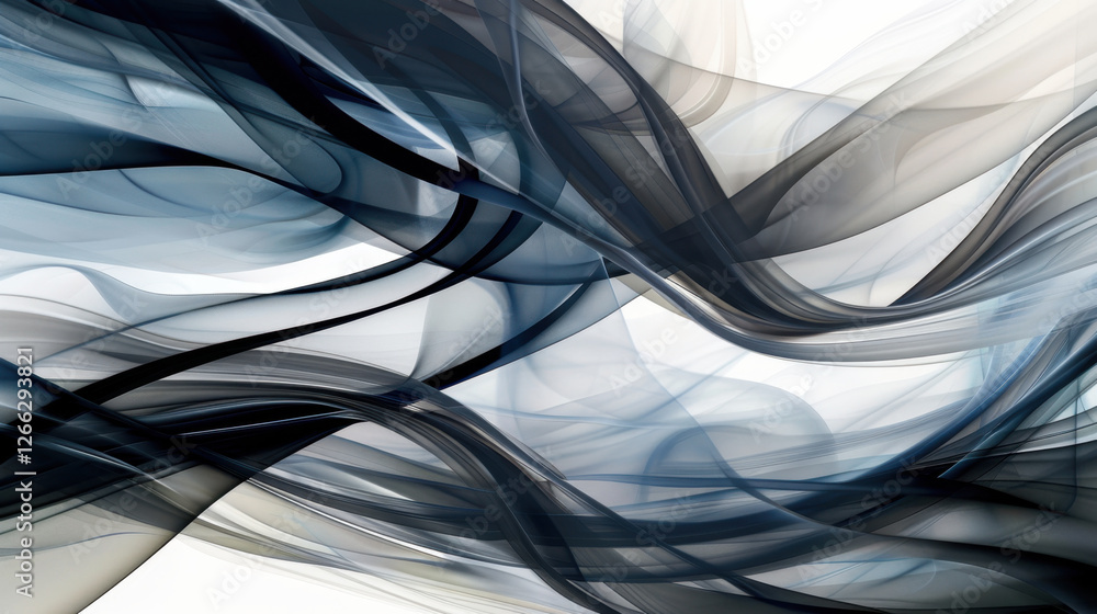 Poster abstract flowing waves in shades of blue and gray create dynamic visual effect, evoking sense of mov