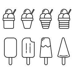Vector illustrations of ice cream in various forms including cones, popsicle, and cup. Ice cream Icon Set. Ice Cream Vector Icon in line style design.