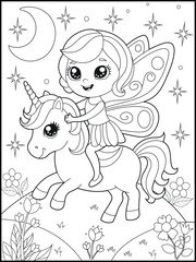 Black and white fairy coloring pages for kids. Children's coloring books with cute cartoon fairy and unicorn characters, fun and educational materials for kindergarten.

