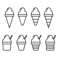Vector illustrations of ice cream in various forms including cones, popsicle, and cup. Ice cream Icon Set. Ice Cream Vector Icon in line style design.