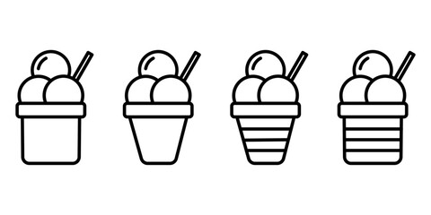 Vector illustrations of ice cream in various forms including cones, popsicle, and cup. Ice cream Icon Set. Ice Cream Vector Icon in line style design.