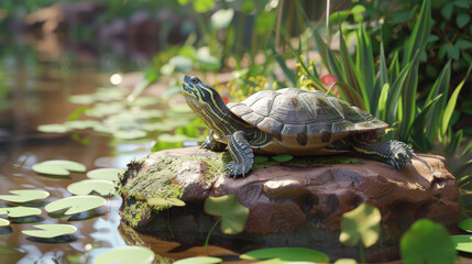 Fototapeta premium 3D render of turtle sunbathing on clay rock surrounded by water lilies, showcasing serene natural environment