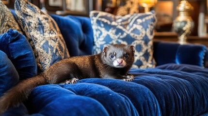 Dark ferret on blue velvet sofa, indoors