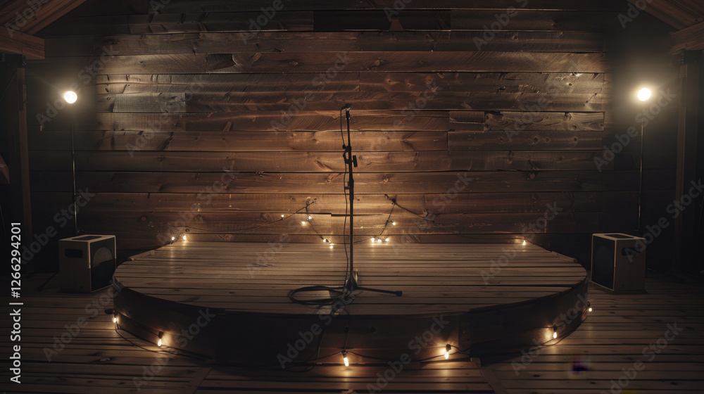 Poster wooden stage with microphone, surrounded by soft lights, creates inviting atmosphere for performance