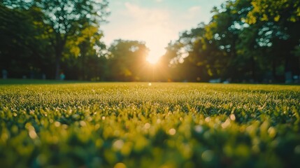 Fototapeta premium Sunset park grass close-up, people relaxing