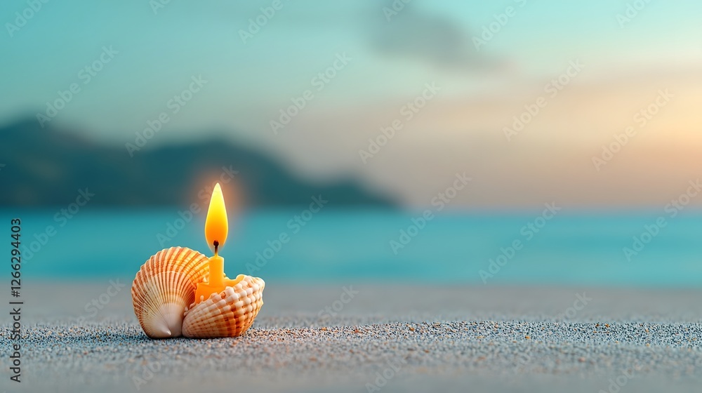 Poster a 3d rendered image of a tiny candle burning inside a seashell set against a serene beachside backdr