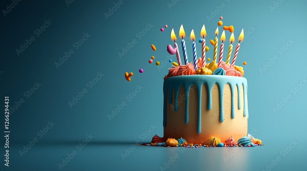 Poster a 3d rendered image of a beautifully decorated birthday cake with multiple colorful candles flickeri