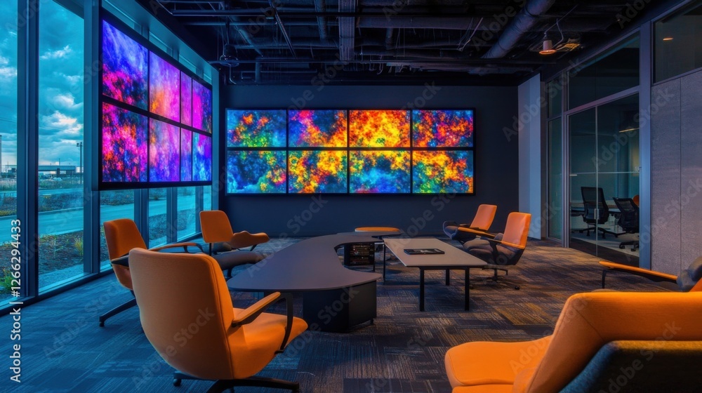 Poster empty modern office meeting room with orange chairs and a curved table showing abstract and colorful