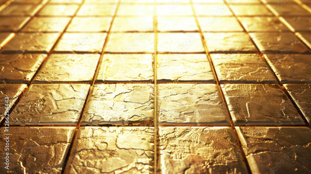 Poster golden tiles arranged in grid pattern, reflecting light beautifully, creating luxurious and elegant 
