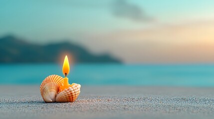 A 3D rendered image of a tiny candle burning inside a seashell set against a serene beachside backdrop with the ocean sunset and sand in the frame  This creates a tranquil intimate
