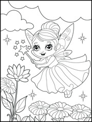 Black and white fairy coloring pages for kids. Children's coloring books with cute cartoon fairy characters, fun and educational materials for kindergarten.

