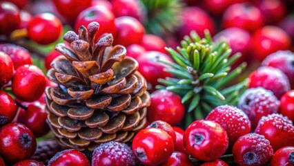A Frosty Pine Cone Nestled Among Vibrant Red Berries and Evergreen Sprigs, a Festive Winter Scene