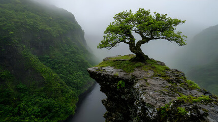Obraz premium Lone tree cliffside river valley fog landscape, nature poster