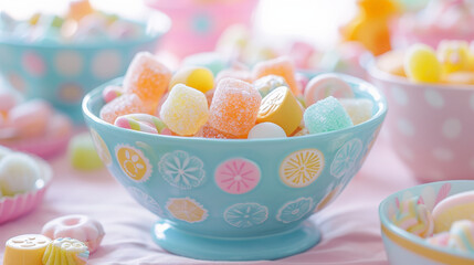 bowl overflowing with pastel colored gummies and candies, creating cheerful and vibrant display