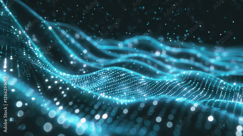 Poster abstract digital waves with glowing particles create mesmerizing visual effect, showcasing blend of 