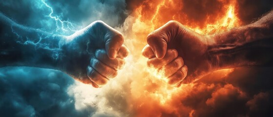 Two hands clashing, one surrounded by blue lightning, the other by fiery orange flames.