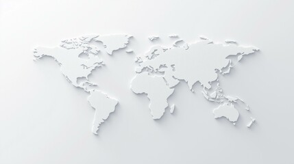 A minimalist white world map with clean lines and soft shadows on a light background