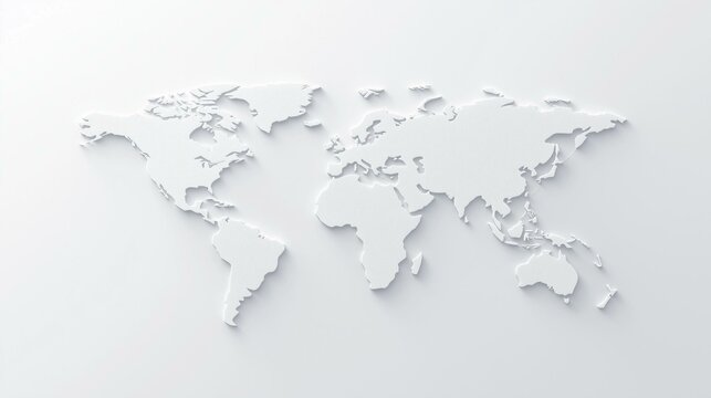Fototapeta A minimalist white world map with clean lines and soft shadows on a light background