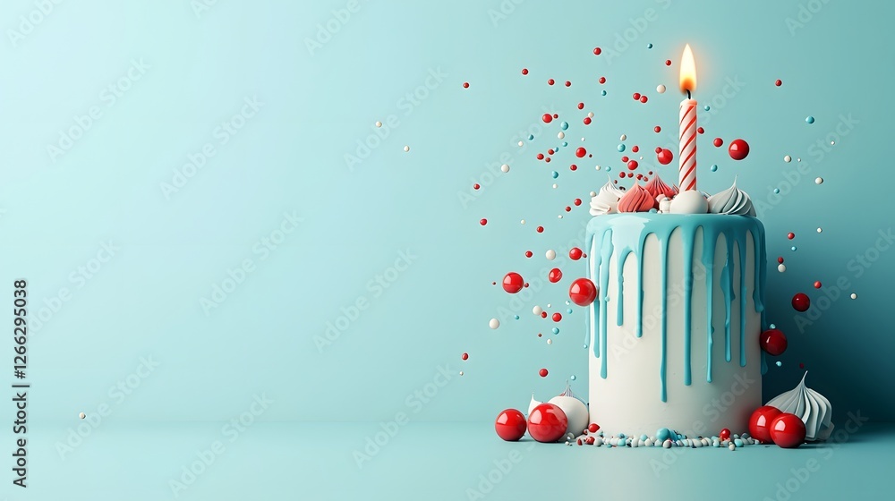 Poster a 3d rendered image of a delectable birthday cake with a single candle in the shape of a number soft