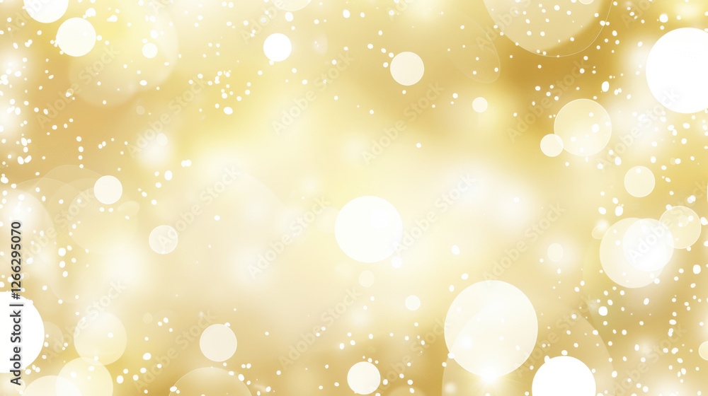 Poster golden bokeh background with soft white circles and sparkling light effects, creating dreamy and fes