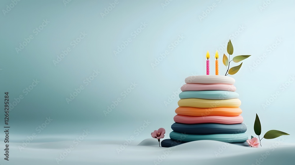 Poster a 3d rendered vibrant multi layered cake with a stack of rainbow colored candles burning in harmony 