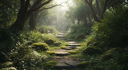 Walking Stone Path Through Mystical Forest with Green Moss and Sunlight