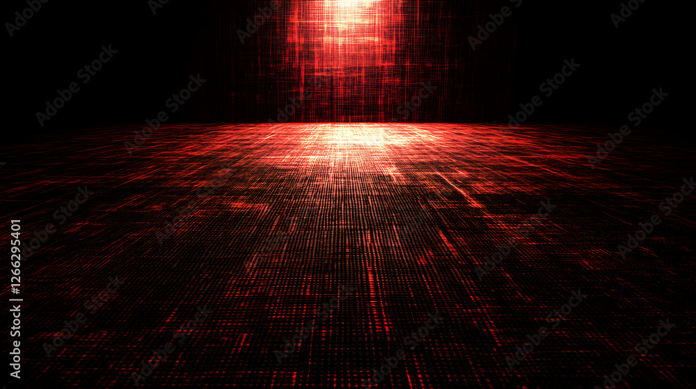 Poster abstract red digital background. glowing lines converge towards a bright light source, creating a dy