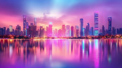 Obraz premium Vibrant City Skyline Reflected in Calm Waters at Dusk