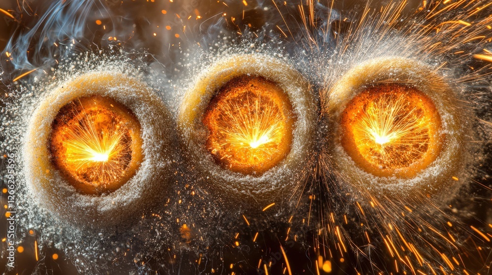 Poster three glowing spherical objects emitting sparks and surrounded by a smoky atmosphere