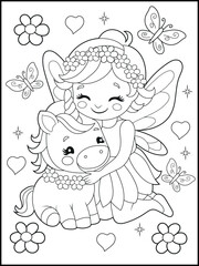 Black and white fairy coloring pages for kids. Children's coloring books with cute cartoon fairy and unicorn characters, fun and educational materials for kindergarten.
