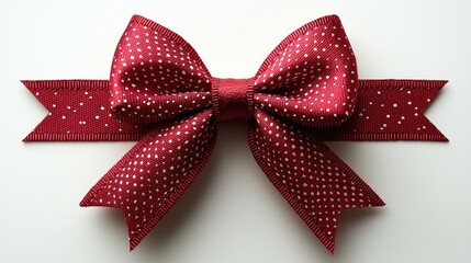 Elegant red bow with white polka dots on a smooth white background, ideal for gift wrapping