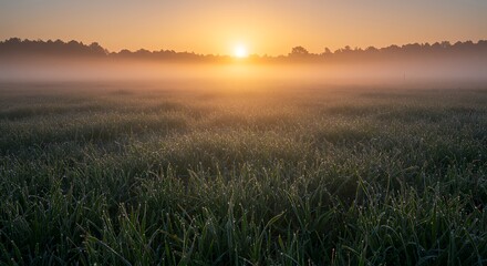 Fototapeta premium Sunrise Over Foggy Meadow with Dew Drops on the Grass