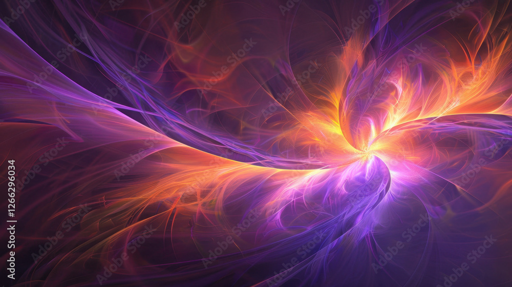 Poster colorful abstract fractal design with vibrant purple and orange hues, creating dynamic and energetic