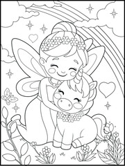 Black and white fairy coloring pages for kids. Children's coloring books with cute cartoon fairy and unicorn characters, fun and educational materials for kindergarten.
