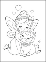 Black and white fairy coloring pages for kids. Children's coloring books with cute cartoon fairy and unicorn characters, fun and educational materials for kindergarten.
