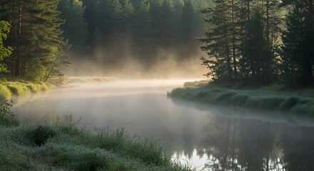 Misty River Morning Landscape with Trees and Foggy Water