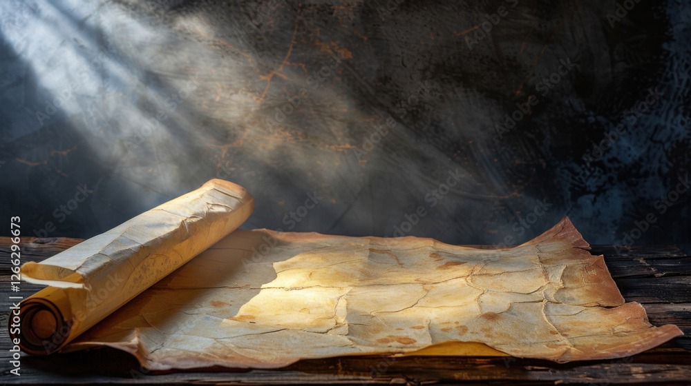 Poster ancient parchment scroll on wooden table with soft light