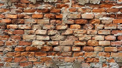 Naklejka premium Old brick wall with mix of red and gray bricks, showcasing texture and wear. uneven surface adds character and depth to structure
