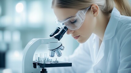 Scientist examining samples through a microscope in a laboratory setting