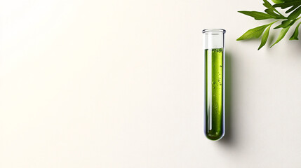 test tube filled with green liquid sits against light background, surrounded by fresh leaves, symbolizing nature and science