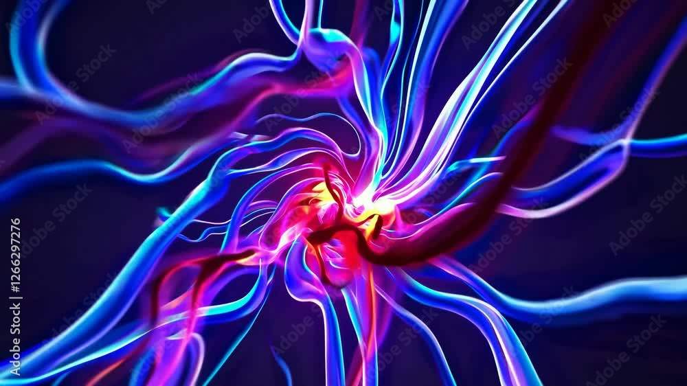 Poster abstract vibrant light trails in dark background, dynamic movement concept