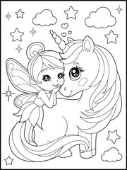Black and white fairy coloring pages for kids. Children's coloring books with cute cartoon fairy and unicorn characters, fun and educational materials for kindergarten.
