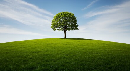 Lone Tree Standing on Green Hill Under Blue Sky Scenery